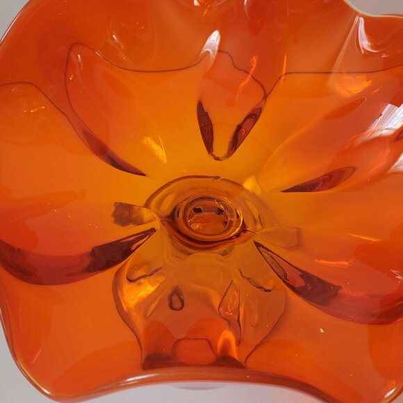 Vintage Mid-Century Viking Glass Modern Orange Art Glass Pedestal Bowl With Wavy - Picture 7 of 7
